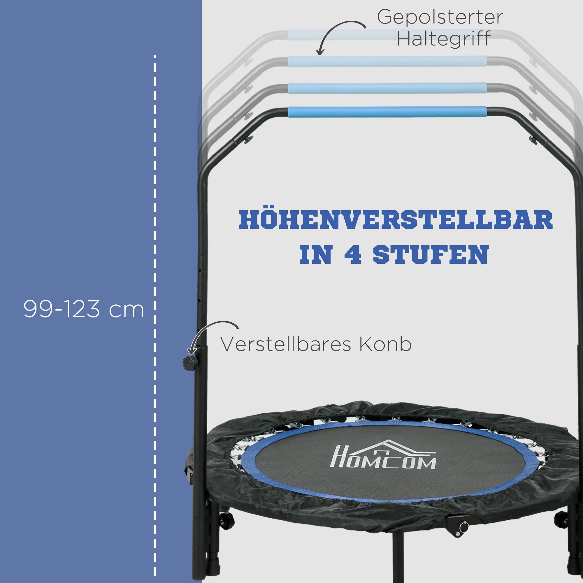 102 cm Fitness Trampoline, Foldable Mini Trampoline with Fourfold Adjustable Handlebar, Fitness Rebounder for Adults, up to 100 kg, Black+Blue