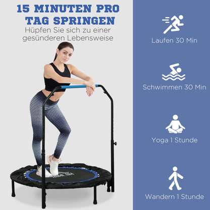 102 cm Fitness Trampoline, Foldable Mini Trampoline with Fourfold Adjustable Handlebar, Fitness Rebounder for Adults, up to 100 kg, Black+Blue