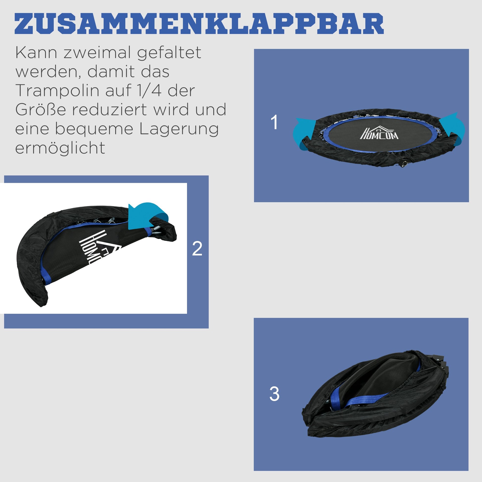 102 cm Fitness Trampoline, Foldable Mini Trampoline with Fourfold Adjustable Handlebar, Fitness Rebounder for Adults, up to 100 kg, Black+Blue