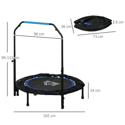 102 cm Fitness Trampoline, Foldable Mini Trampoline with Fourfold Adjustable Handlebar, Fitness Rebounder for Adults, up to 100 kg, Black+Blue