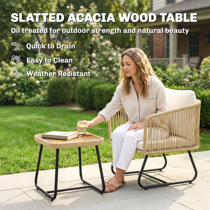 3-Piece Rattan Bistro Set with Acacia Slatted Table & 2 Padded Chairs, Cream White