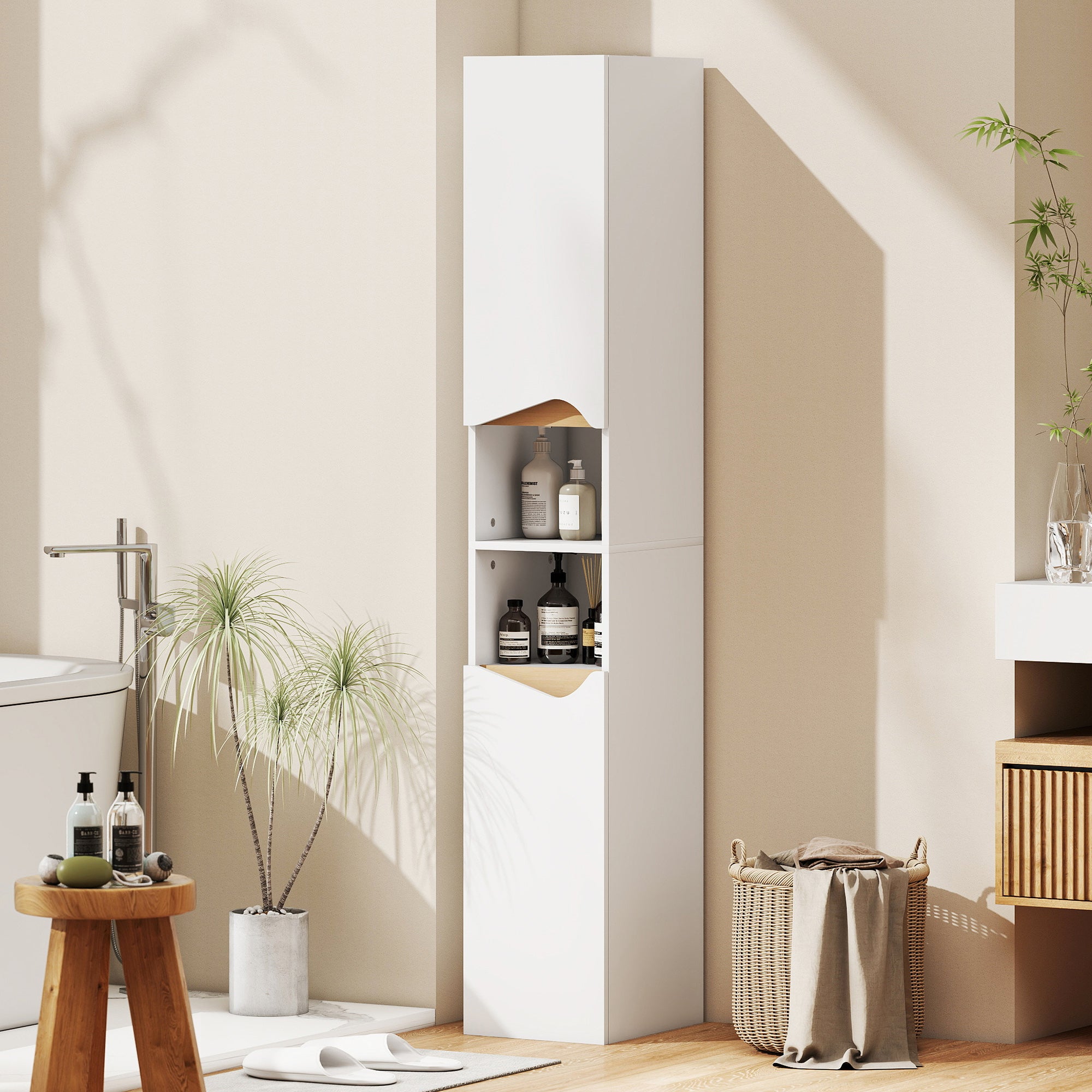 Tall Narrow Bathroom Cabinet, 2-Door Storage with Open Compartments & Adjustable Shelves, Space-Saving 11.8 x 13.6 x 71.1 in (30 x 34.6 x 180.5 cm), White