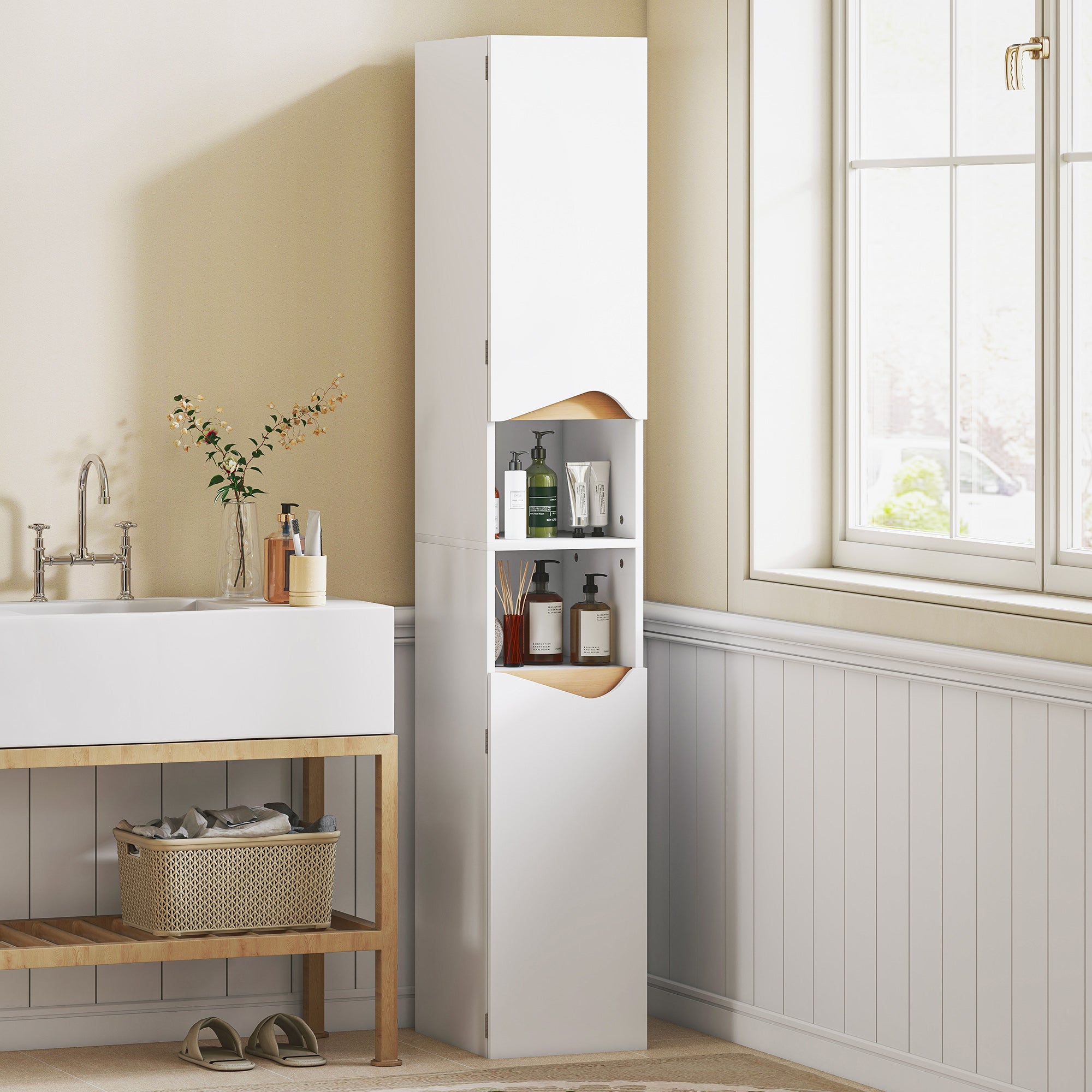 Tall Narrow Bathroom Cabinet, 2-Door Storage with Open Compartments & Adjustable Shelves, Space-Saving 11.8 x 13.6 x 71.1 in (30 x 34.6 x 180.5 cm), White
