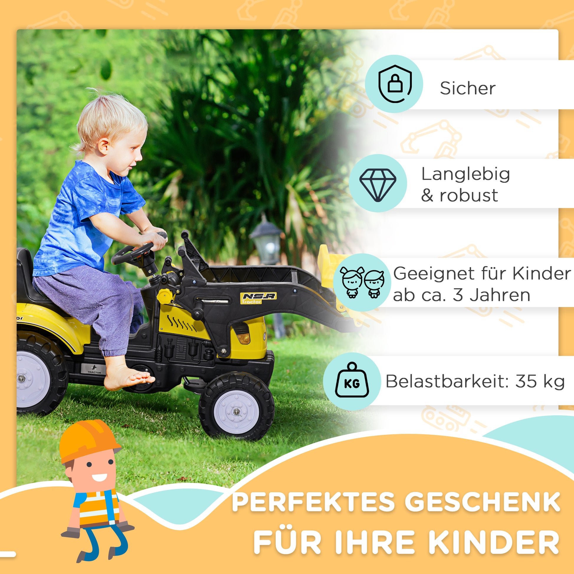 Seat Excavator with Storage Compartment, Ride-On Excavator with Shovel, Pedal Tractor, Sand Excavator Slider Vehicle, Children's Excavator, Slider Excavator, Shovel Excavator for 3-Year-Olds, Yellow+Black