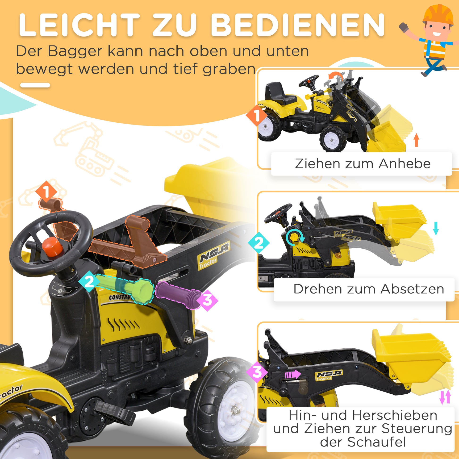 Seat Excavator with Storage Compartment, Ride-On Excavator with Shovel, Pedal Tractor, Sand Excavator Slider Vehicle, Children's Excavator, Slider Excavator, Shovel Excavator for 3-Year-Olds, Yellow+Black