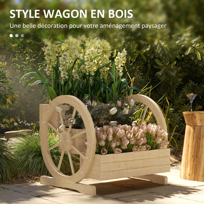 Square Raised Garden Bed Planter 3 Tiers Rustic Chic Style with 2 Wagon Wheels Fir Wood, drainage holes, dim. 62L x 61W x 57H cm