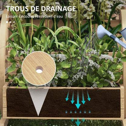 Square Raised Garden Bed Planter 3 Tiers Rustic Chic Style with 2 Wagon Wheels Fir Wood, drainage holes, dim. 62L x 61W x 57H cm