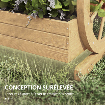 Square Raised Garden Bed Planter 3 Tiers Rustic Chic Style with 2 Wagon Wheels Fir Wood, drainage holes, dim. 62L x 61W x 57H cm