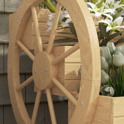 Square Raised Garden Bed Planter 3 Tiers Rustic Chic Style with 2 Wagon Wheels Fir Wood, drainage holes, dim. 62L x 61W x 57H cm