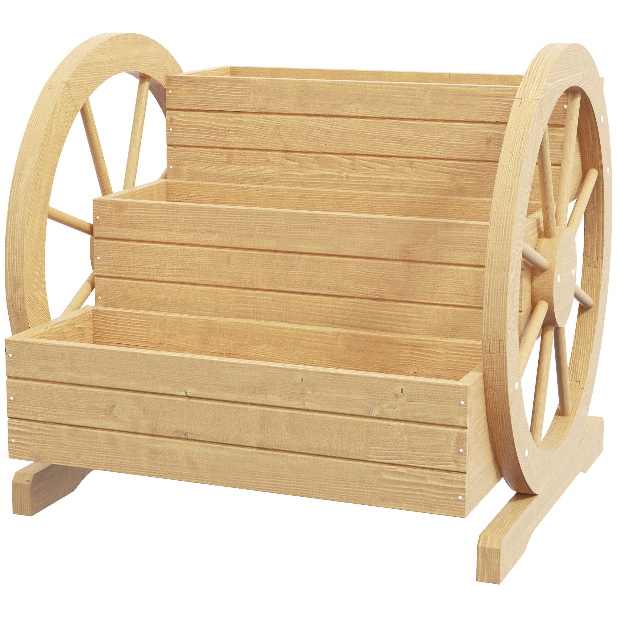 Square Raised Garden Bed Planter 3 Tiers Rustic Chic Style with 2 Wagon Wheels Fir Wood, drainage holes, dim. 62L x 61W x 57H cm
