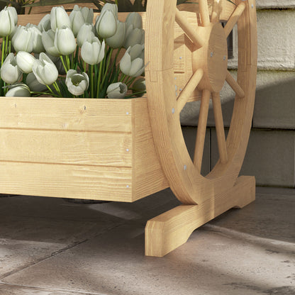 Square Raised Garden Bed Planter 3 Tiers Rustic Chic Style with 2 Wagon Wheels Fir Wood, drainage holes, dim. 62L x 61W x 57H cm