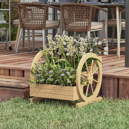 Square Raised Garden Bed Planter 3 Tiers Rustic Chic Style with 2 Wagon Wheels Fir Wood, drainage holes, dim. 62L x 61W x 57H cm