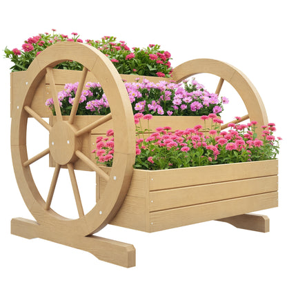 Square Raised Garden Bed Planter 3 Tiers Rustic Chic Style with 2 Wagon Wheels Fir Wood, drainage holes, dim. 62L x 61W x 57H cm