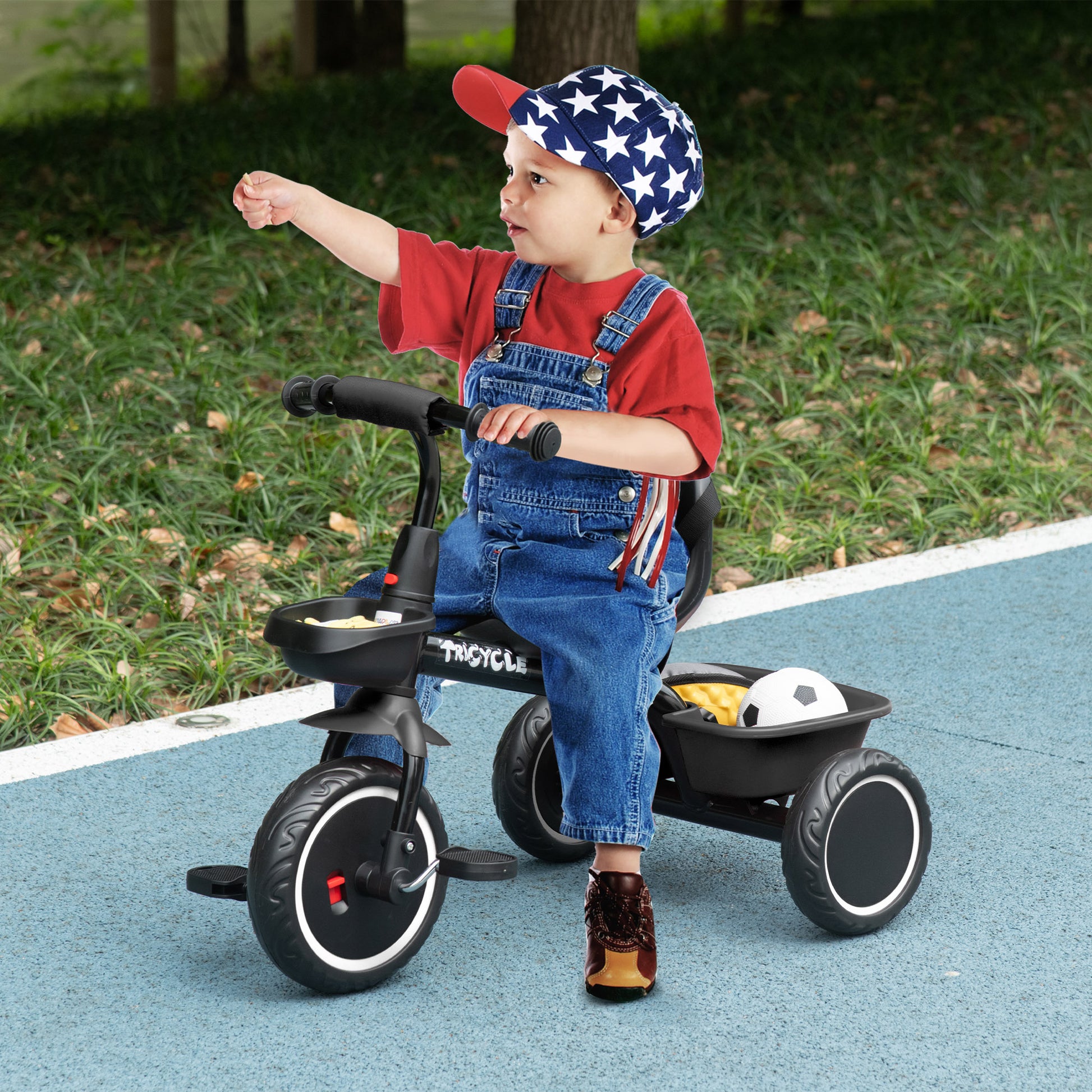 Convertible Tricycle for Children with Adjustable Seat - Pedals - 2 Baskets - Safety Belt - for Children aged 2 to 5 years old - Black