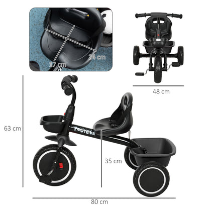 Convertible Tricycle for Children with Adjustable Seat - Pedals - 2 Baskets - Safety Belt - for Children aged 2 to 5 years old - Black