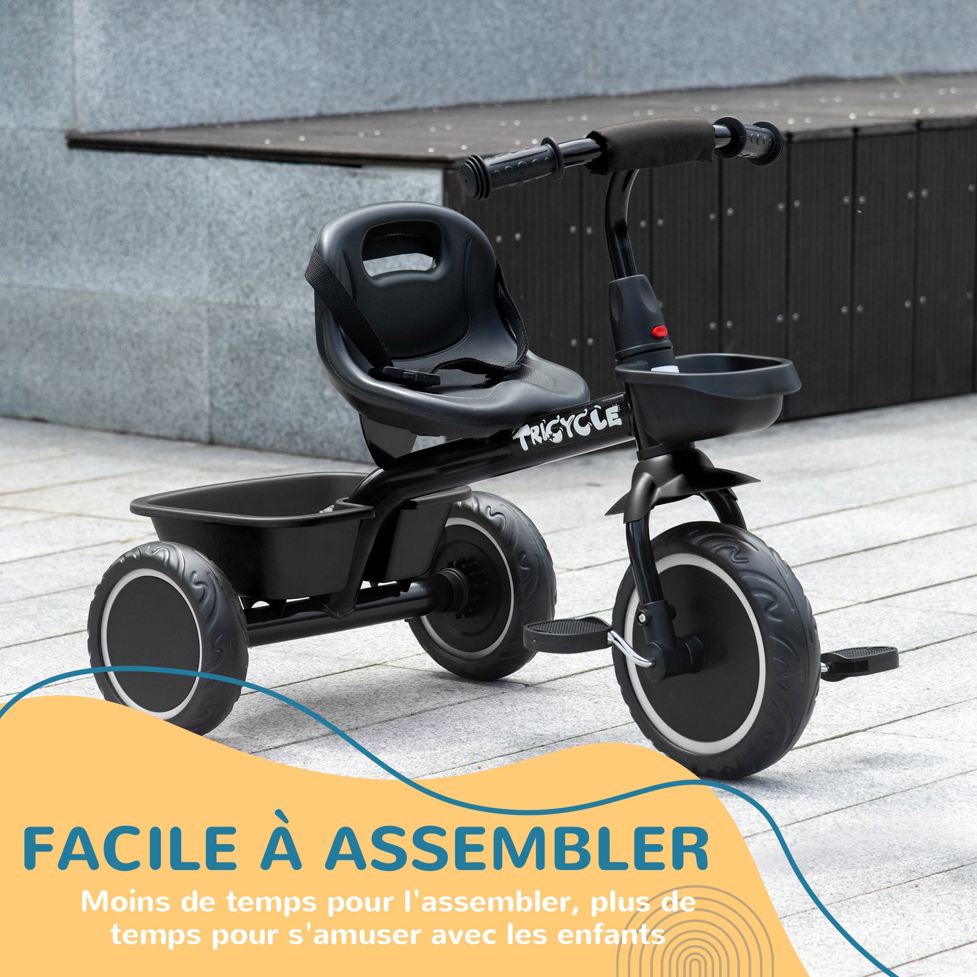 Convertible Tricycle for Children with Adjustable Seat - Pedals - 2 Baskets - Safety Belt - for Children aged 2 to 5 years old - Black