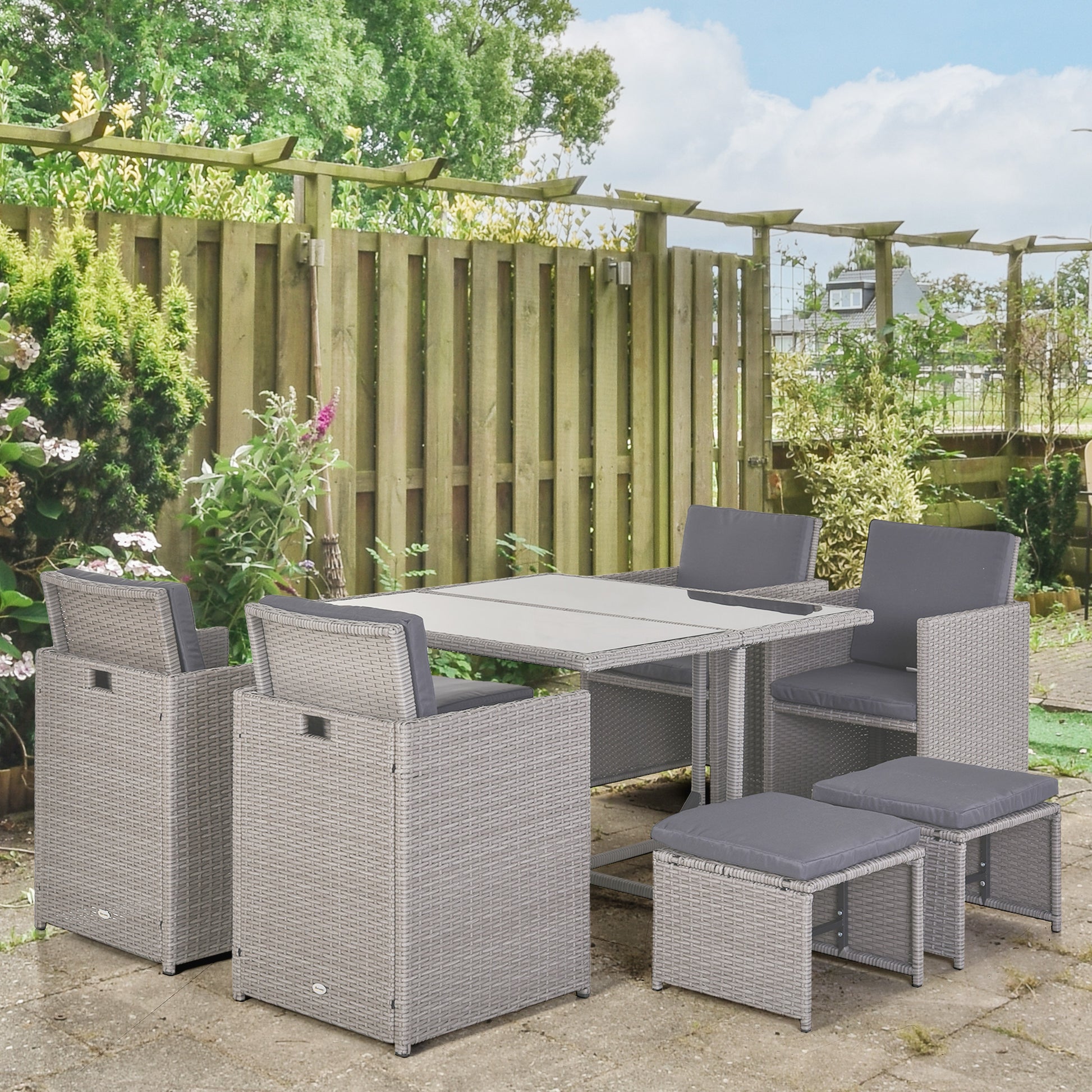 Outdoor Garden Furniture Set Table with 4 Chairs 4 Footrests 9pcs Grey Rattan