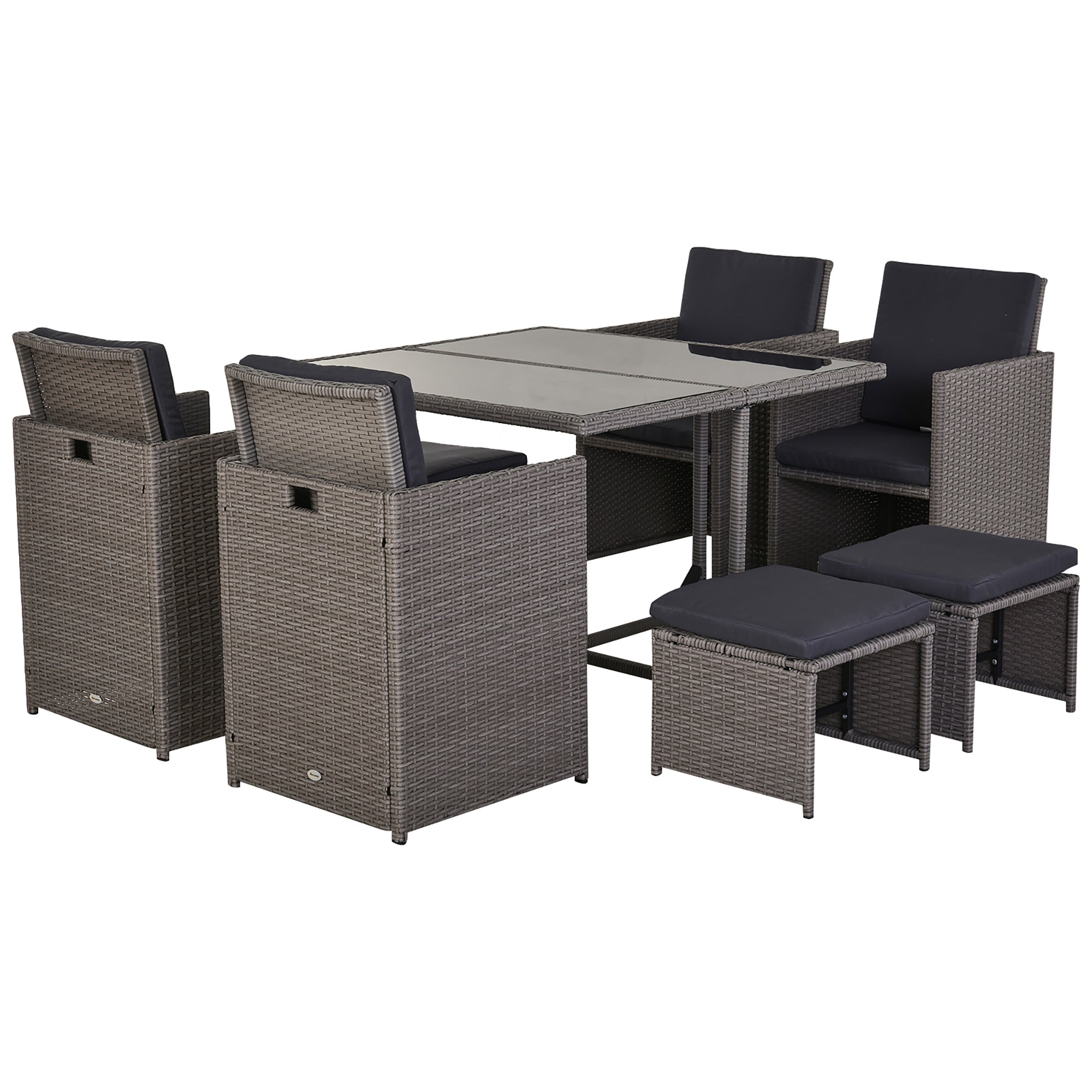 Outdoor Garden Furniture Set Table with 4 Chairs 4 Footrests 9pcs Grey Rattan
