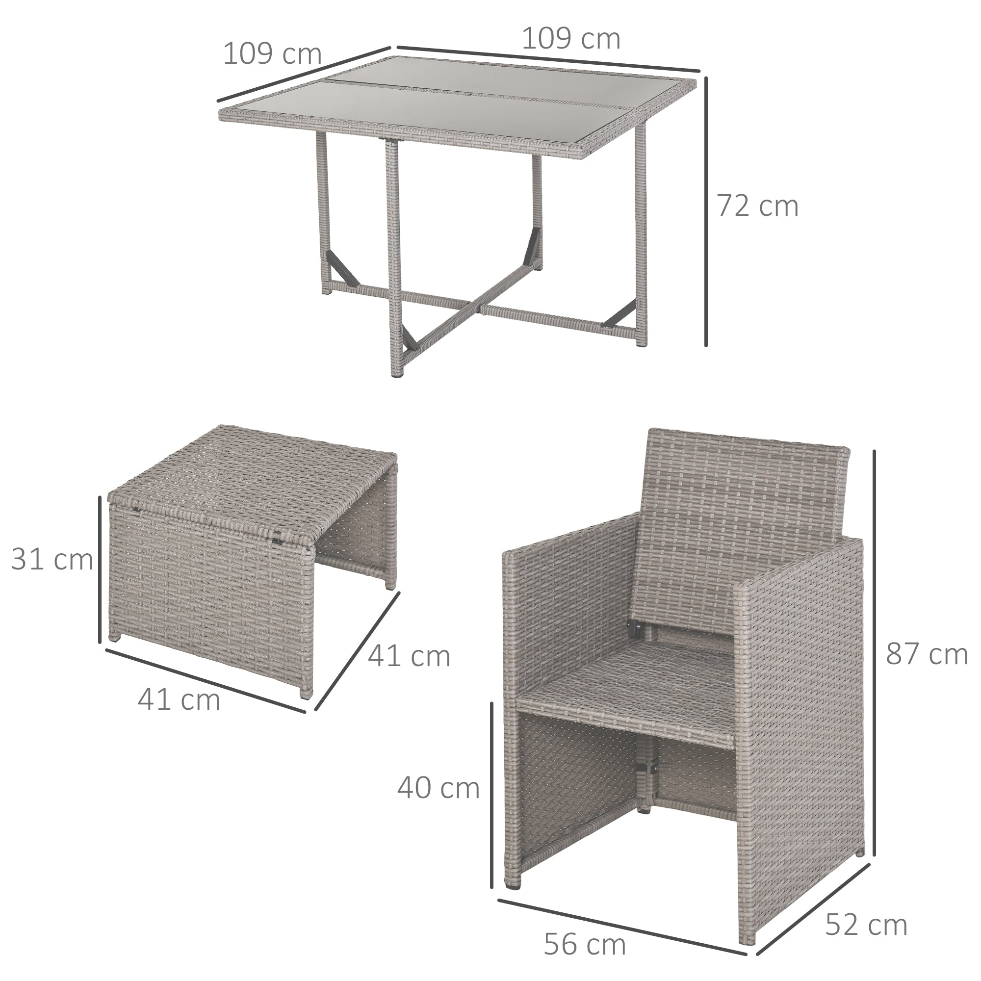 Outdoor Garden Furniture Set Table with 4 Chairs 4 Footrests 9pcs Grey Rattan