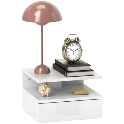 Modern Wall-Mounted Bedroom Bedside Table with Drawer, Wooden Top Shelf, 35x32x22.5cm, Glossy White