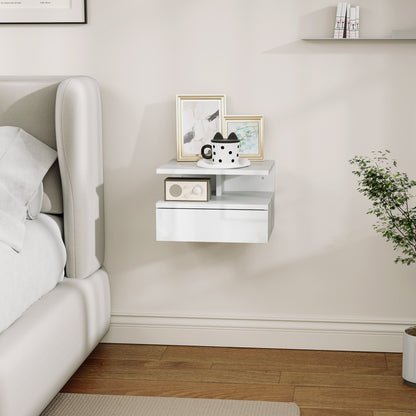 Modern Wall-Mounted Bedroom Bedside Table with Drawer, Wooden Top Shelf, 35x32x22.5cm, Glossy White
