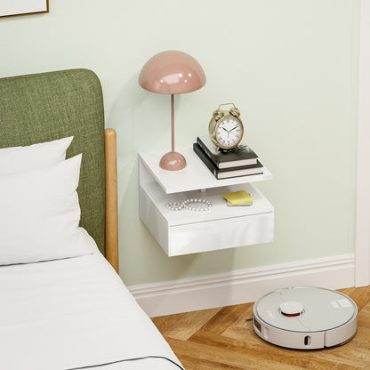 Modern Wall-Mounted Bedroom Bedside Table with Drawer, Wooden Top Shelf, 35x32x22.5cm, Glossy White