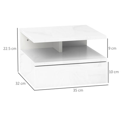 Modern Wall-Mounted Bedroom Bedside Table with Drawer, Wooden Top Shelf, 35x32x22.5cm, Glossy White