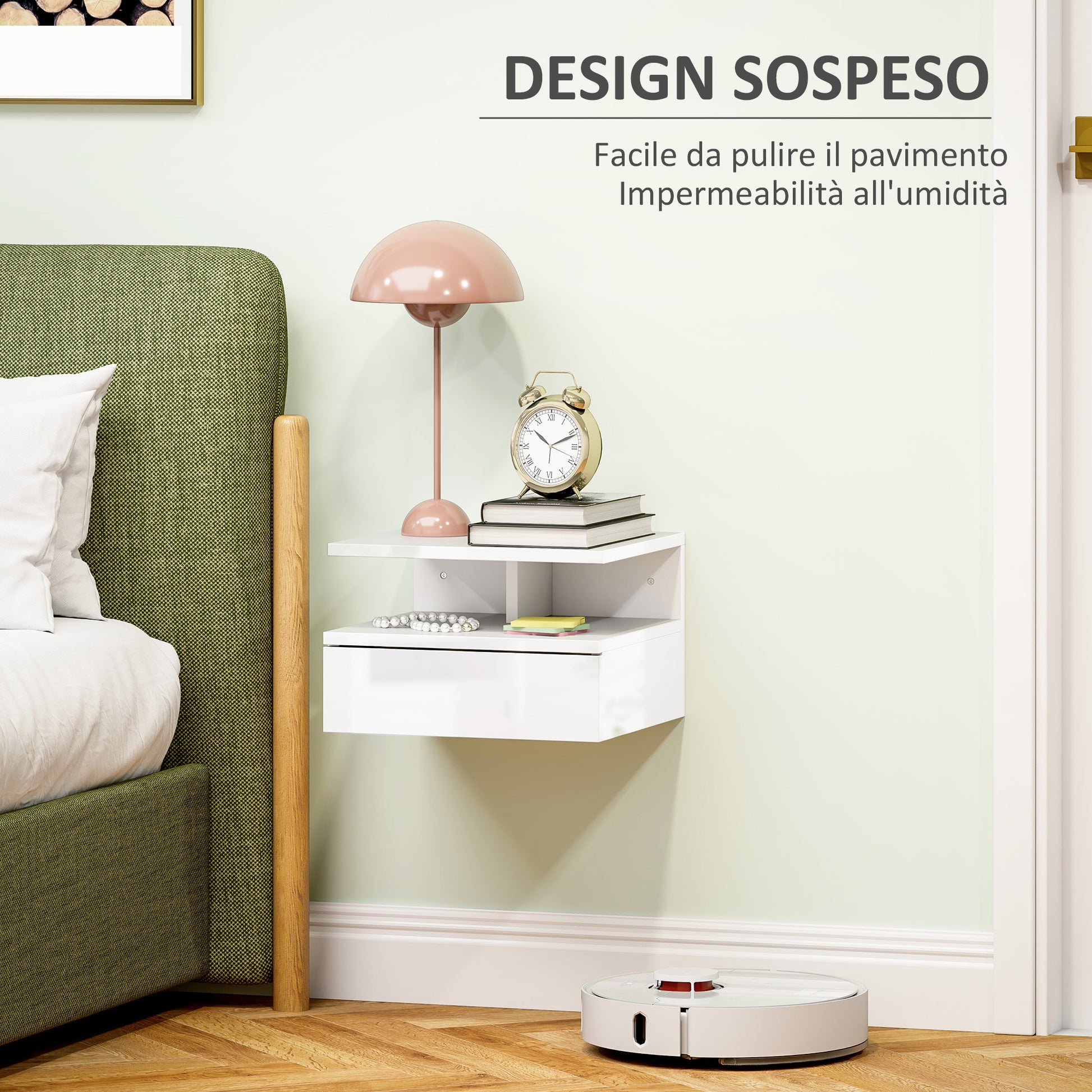 Modern Wall-Mounted Bedroom Bedside Table with Drawer, Wooden Top Shelf, 35x32x22.5cm, Glossy White