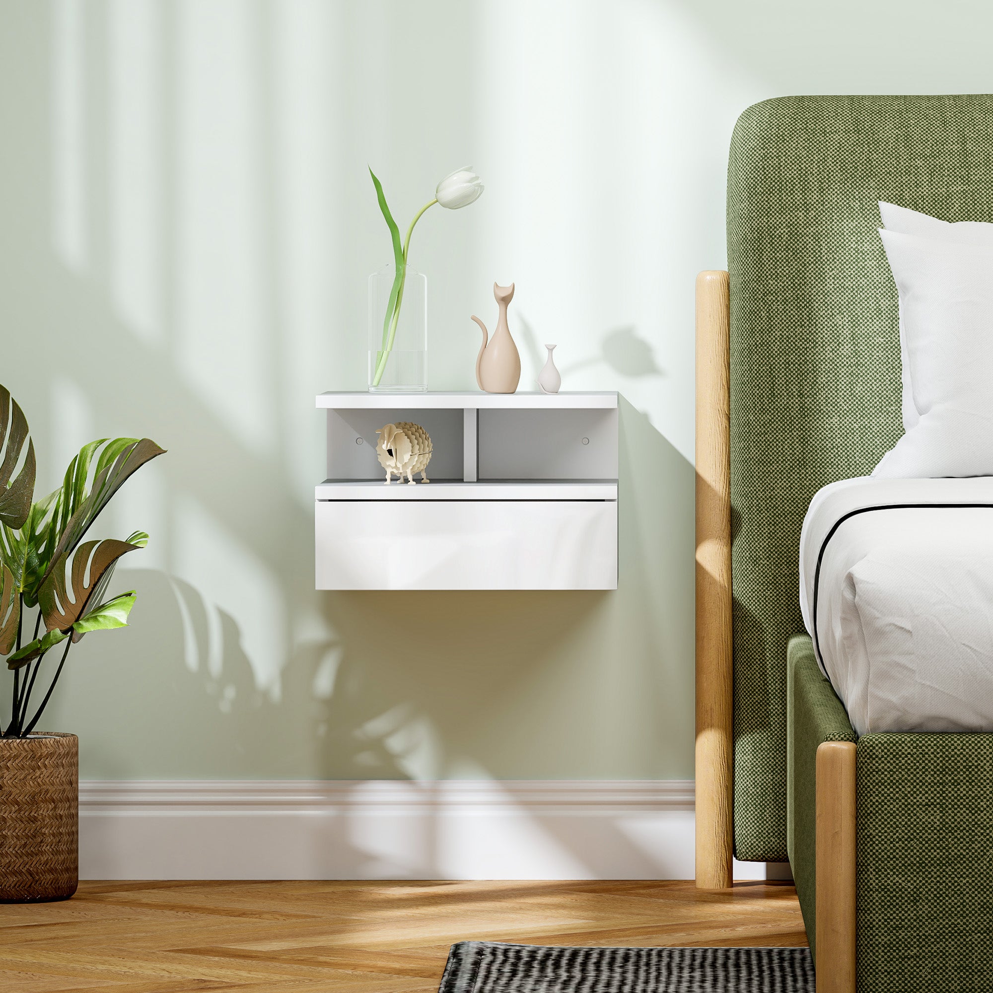 Modern Wall-Mounted Bedroom Bedside Table with Drawer, Wooden Top Shelf, 35x32x22.5cm, Glossy White