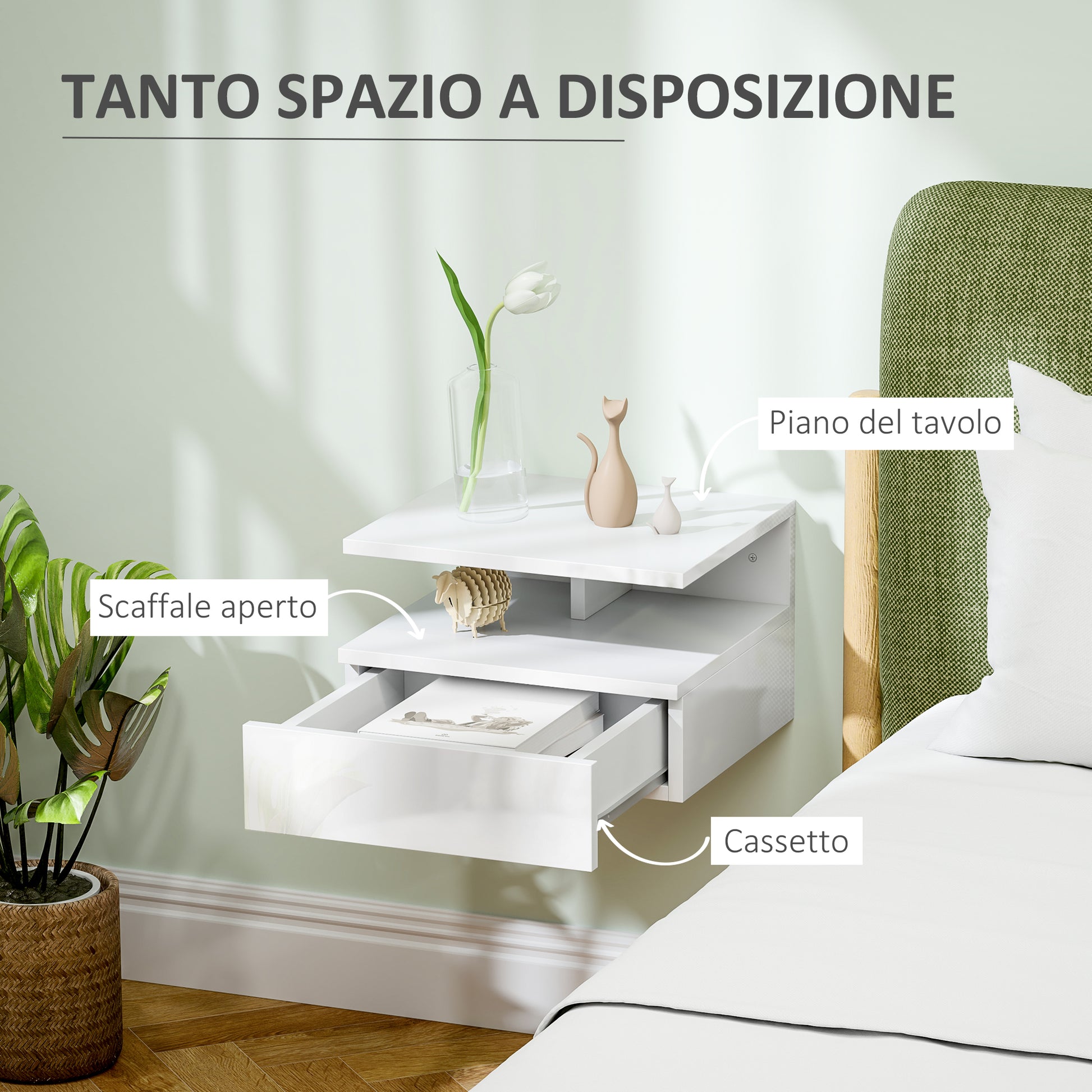 Modern Wall-Mounted Bedroom Bedside Table with Drawer, Wooden Top Shelf, 35x32x22.5cm, Glossy White