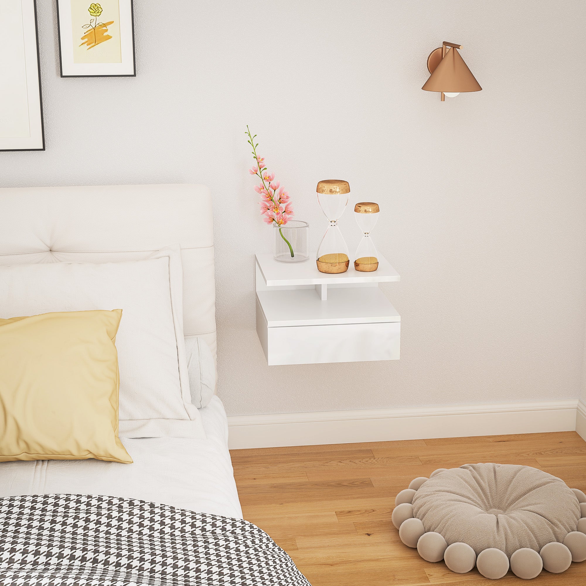 Modern Wall-Mounted Bedroom Bedside Table with Drawer, Wooden Top Shelf, 35x32x22.5cm, Glossy White