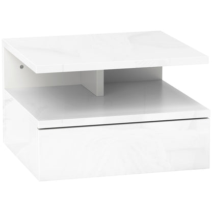 Modern Wall-Mounted Bedroom Bedside Table with Drawer, Wooden Top Shelf, 35x32x22.5cm, Glossy White