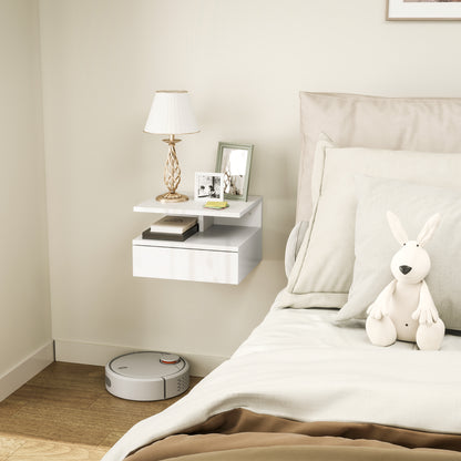 Modern Wall-Mounted Bedroom Bedside Table with Drawer, Wooden Top Shelf, 35x32x22.5cm, Glossy White