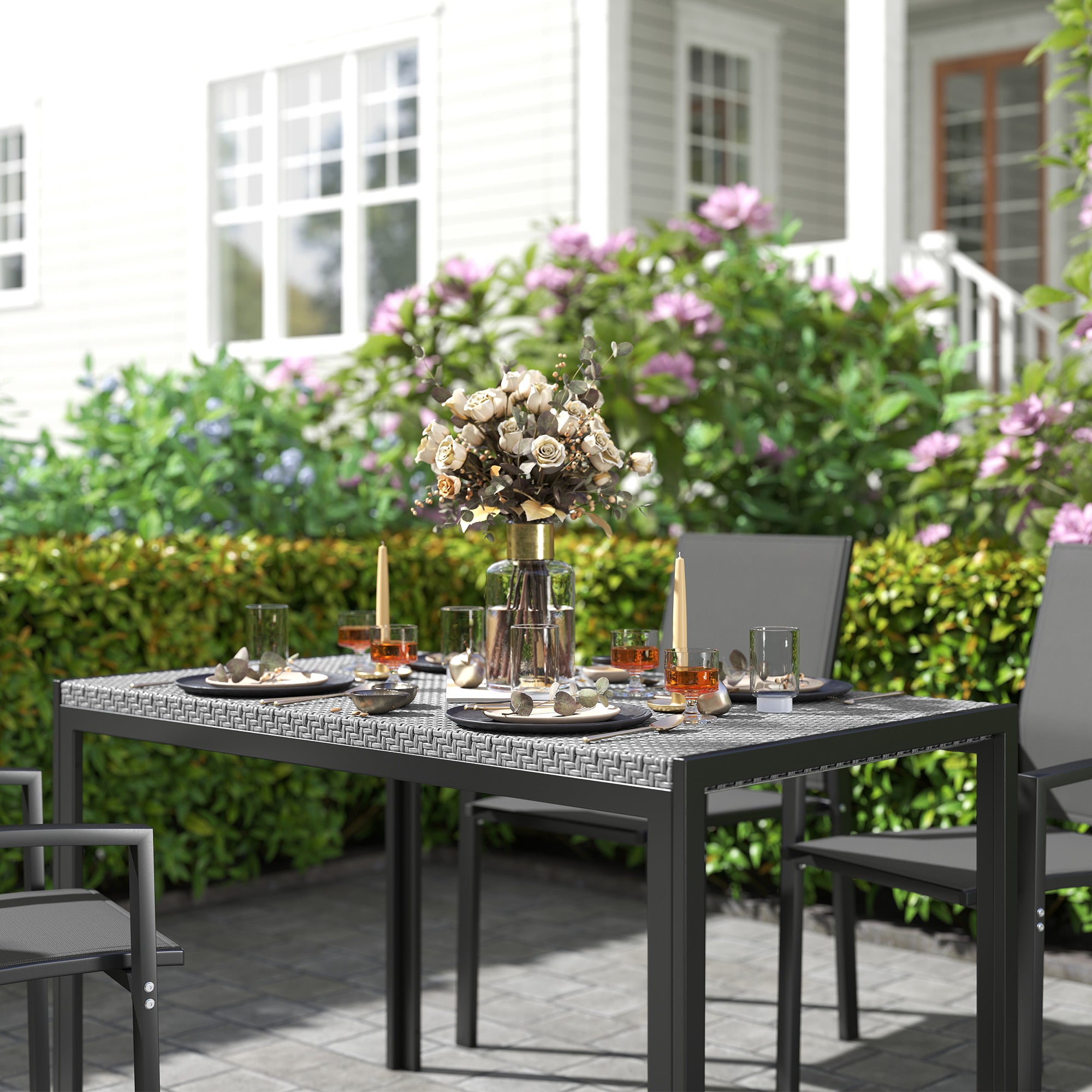 Synthetic Rattan Garden Dining Table Outdoor Terrace Table with Weather-Resistant Metal Structure 120x70x72 cm Grey and Black
