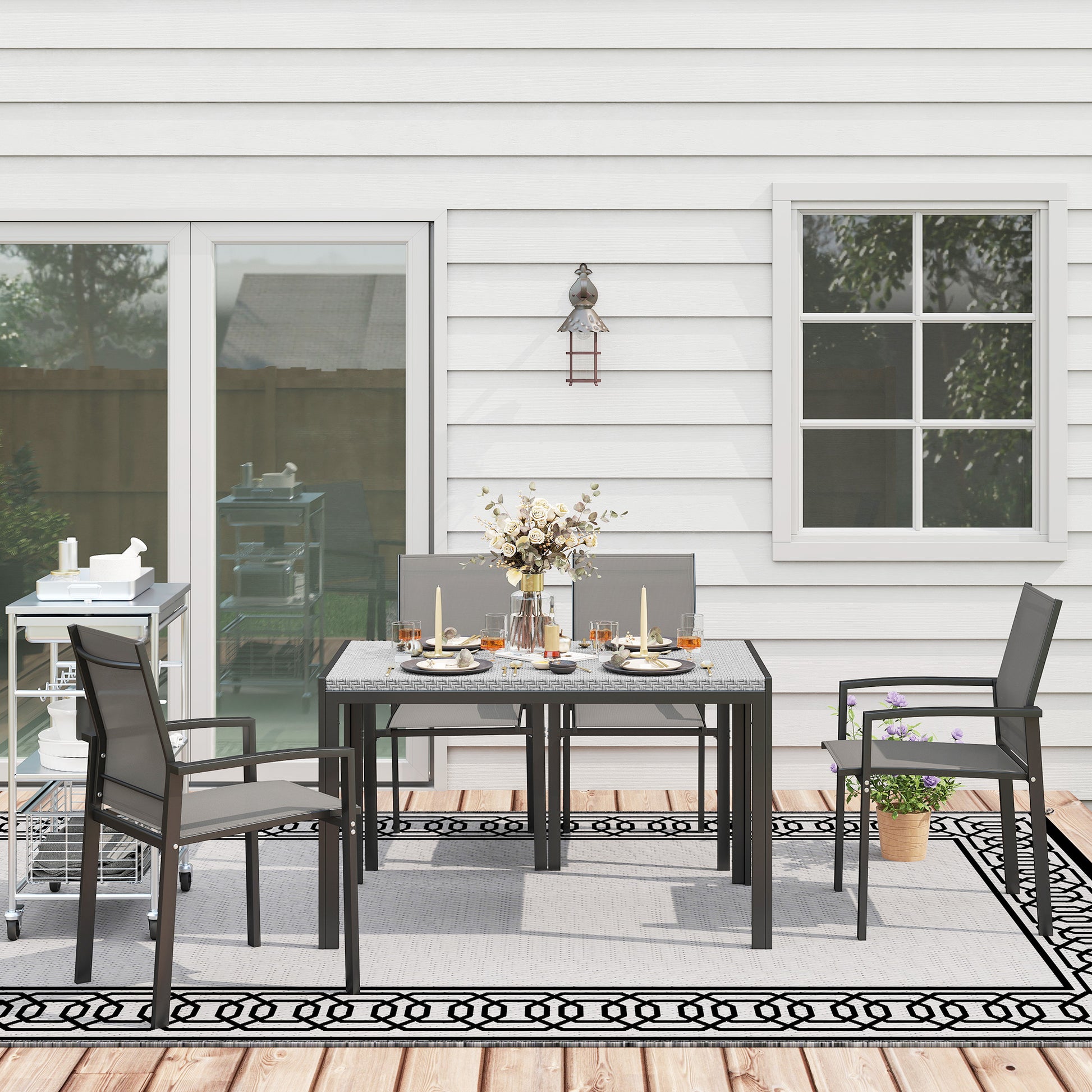 Synthetic Rattan Garden Dining Table Outdoor Terrace Table with Weather-Resistant Metal Structure 120x70x72 cm Grey and Black