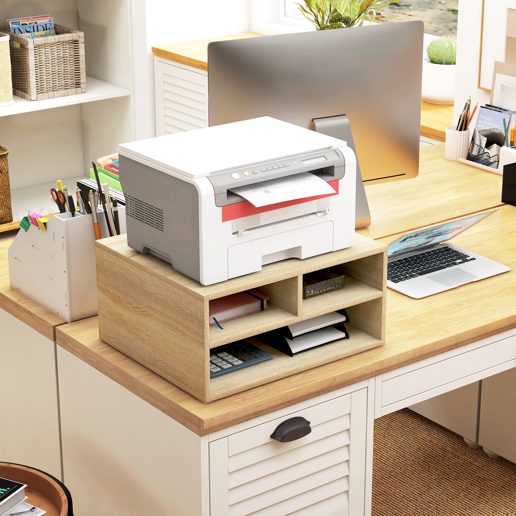 Wood Grain Desk Organizer with 3 Compartments Printer Stand 47 x 40 x 22.5 cm