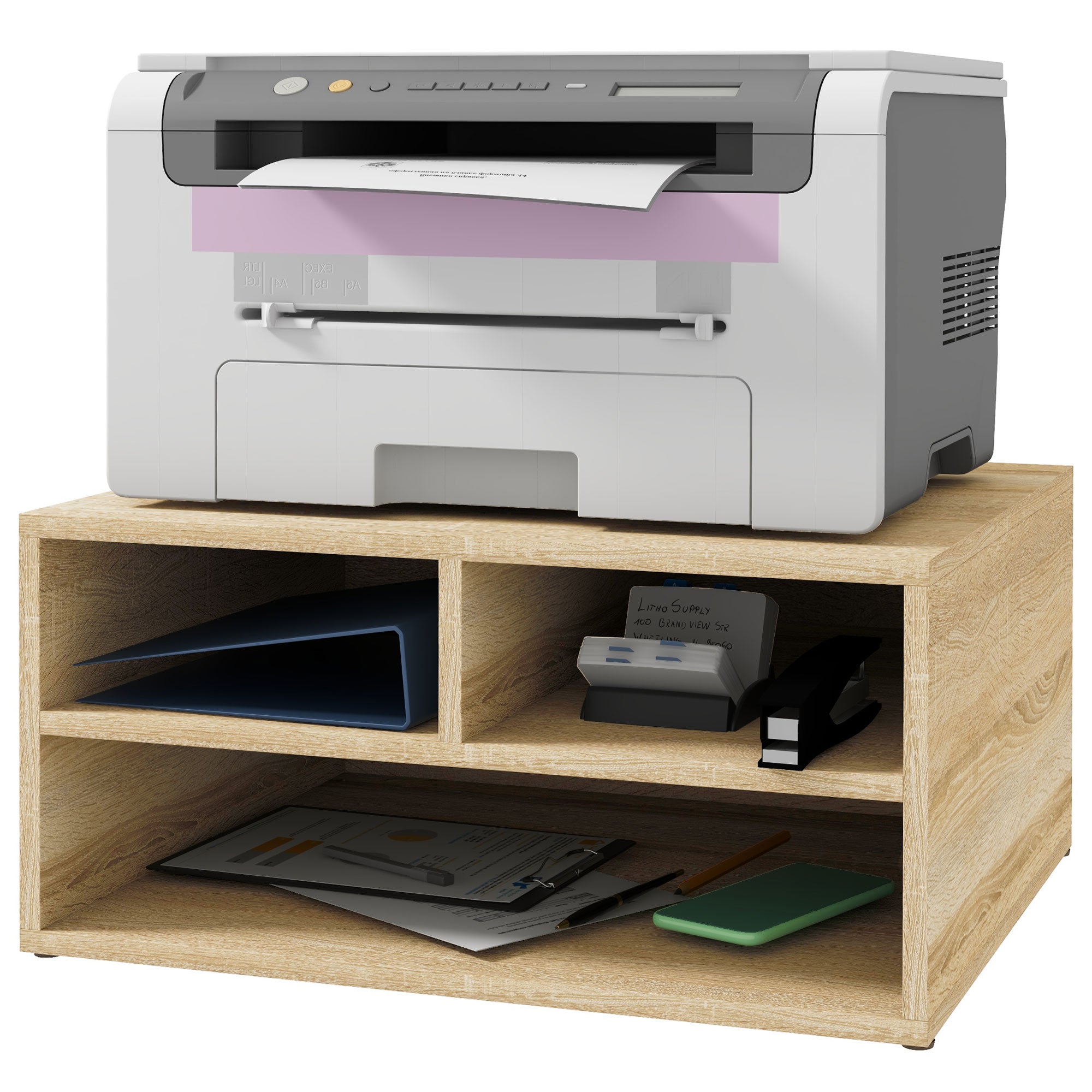 Wood Grain Desk Organizer with 3 Compartments Printer Stand 47 x 40 x 22.5 cm