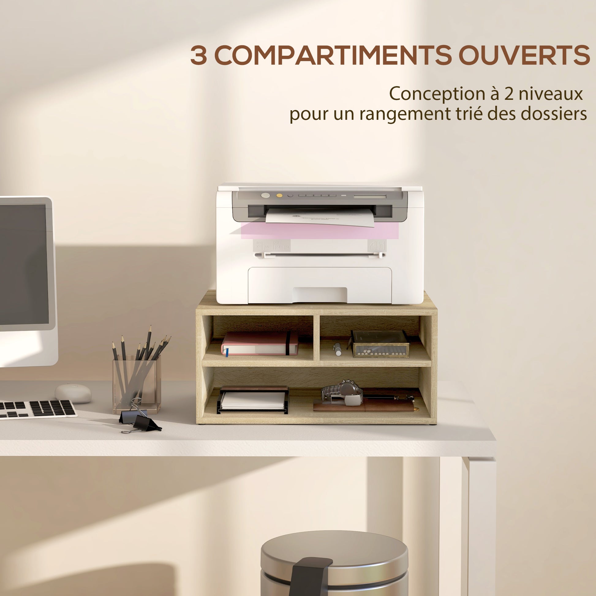 Wood Grain Desk Organizer with 3 Compartments Printer Stand 47 x 40 x 22.5 cm