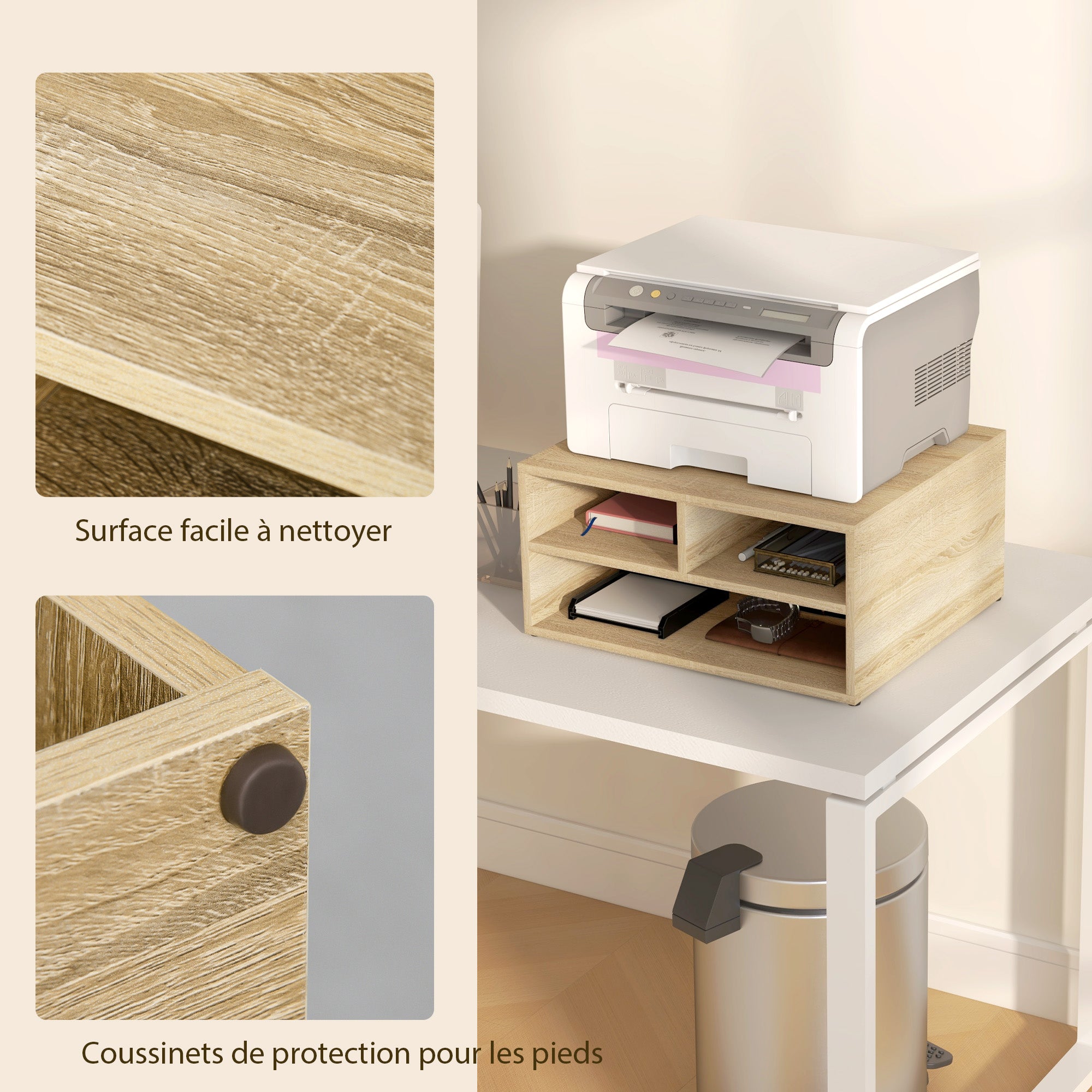 Wood Grain Desk Organizer with 3 Compartments Printer Stand 47 x 40 x 22.5 cm