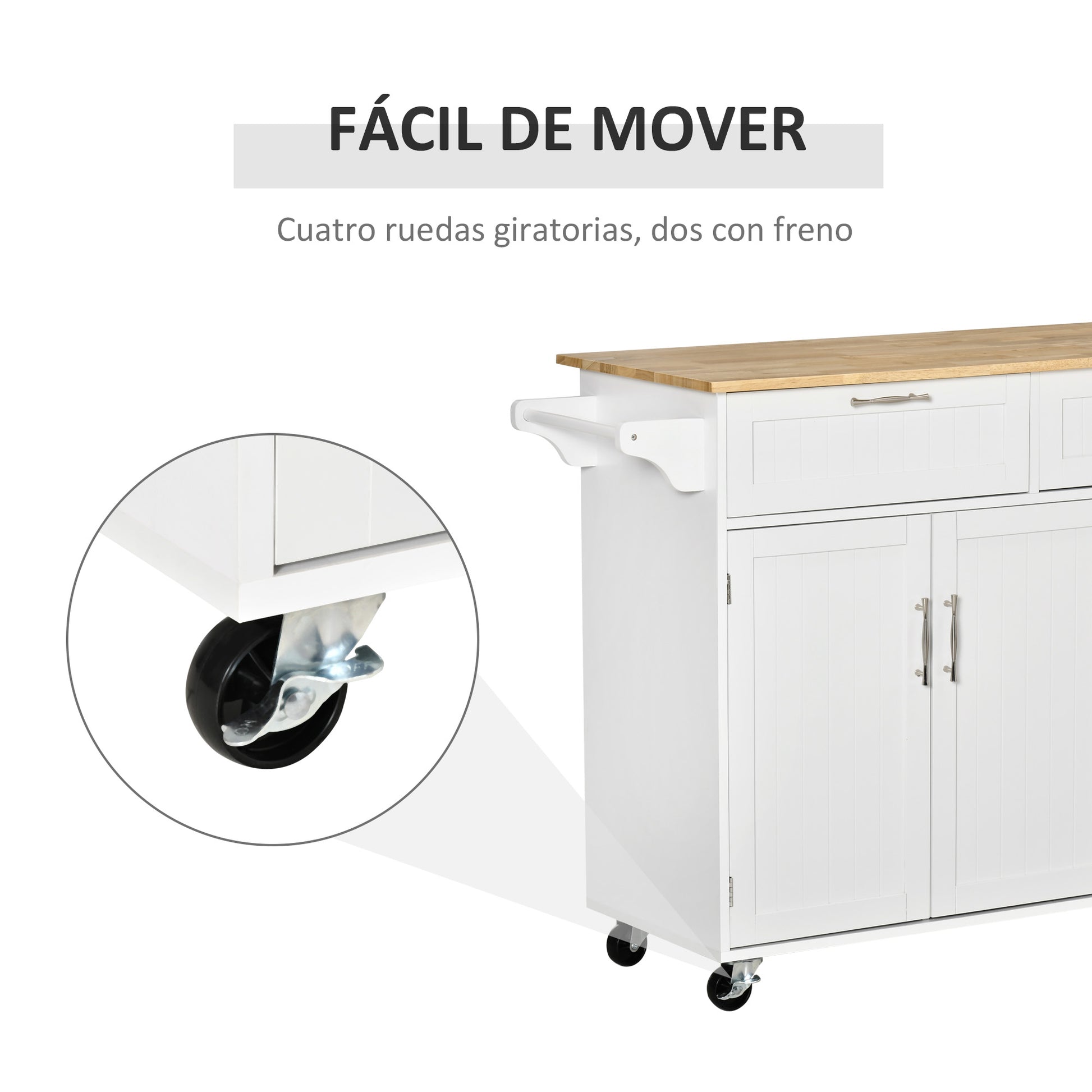 Kitchen Island with Wheels Kitchen Cart Kitchen Sideboard with 2 Drawers 3 Doors and Side Bar for Dining 121x46x91 cm Oak and White