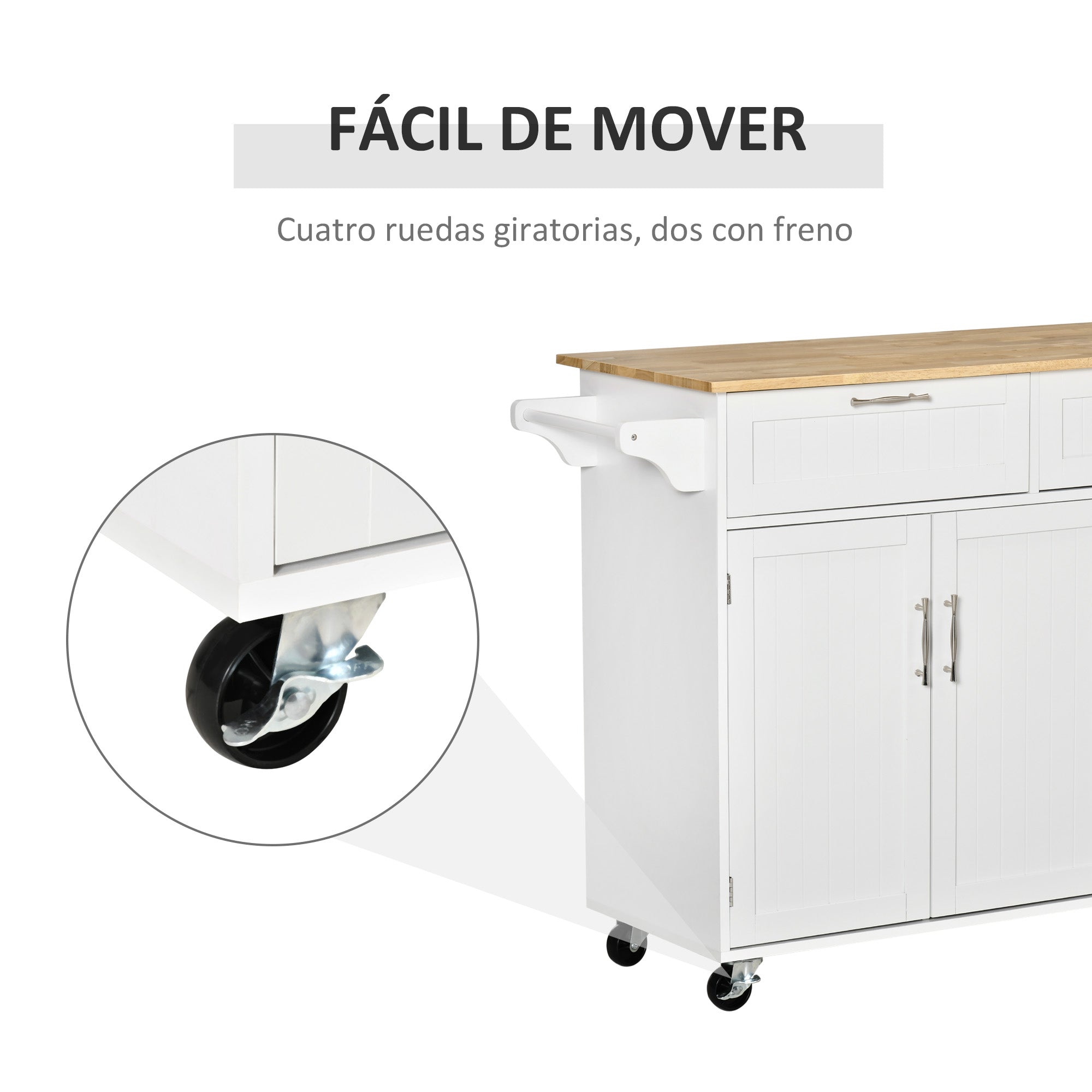 Kitchen Island with Wheels Kitchen Cart Kitchen Sideboard with 2 Drawers 3 Doors and Side Bar for Dining 121x46x91 cm Oak and White