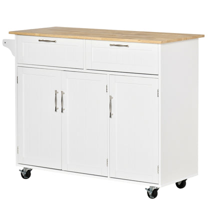 Kitchen Island with Wheels Kitchen Cart Kitchen Sideboard with 2 Drawers 3 Doors and Side Bar for Dining 121x46x91 cm Oak and White