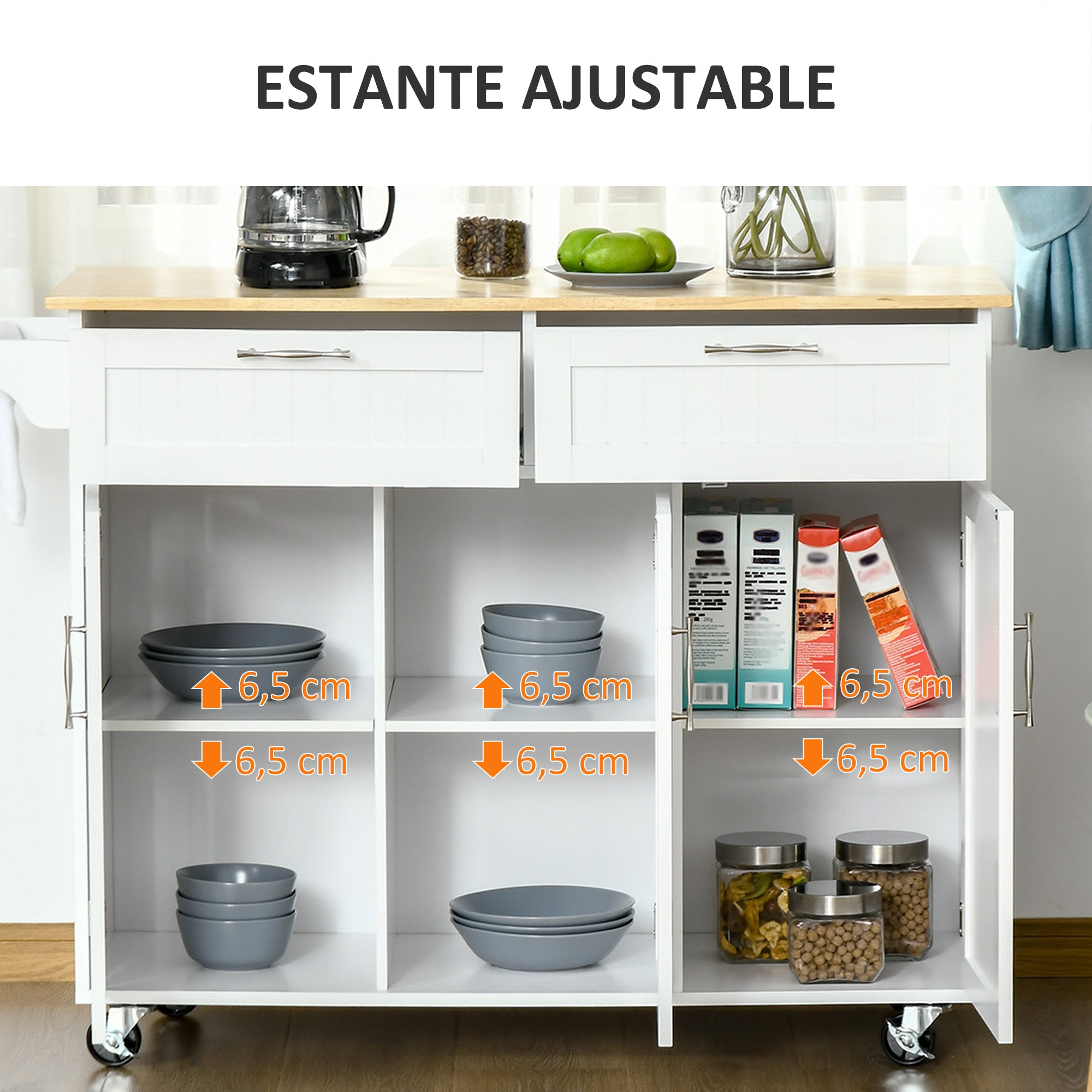 Kitchen Island with Wheels Kitchen Cart Kitchen Sideboard with 2 Drawers 3 Doors and Side Bar for Dining 121x46x91 cm Oak and White