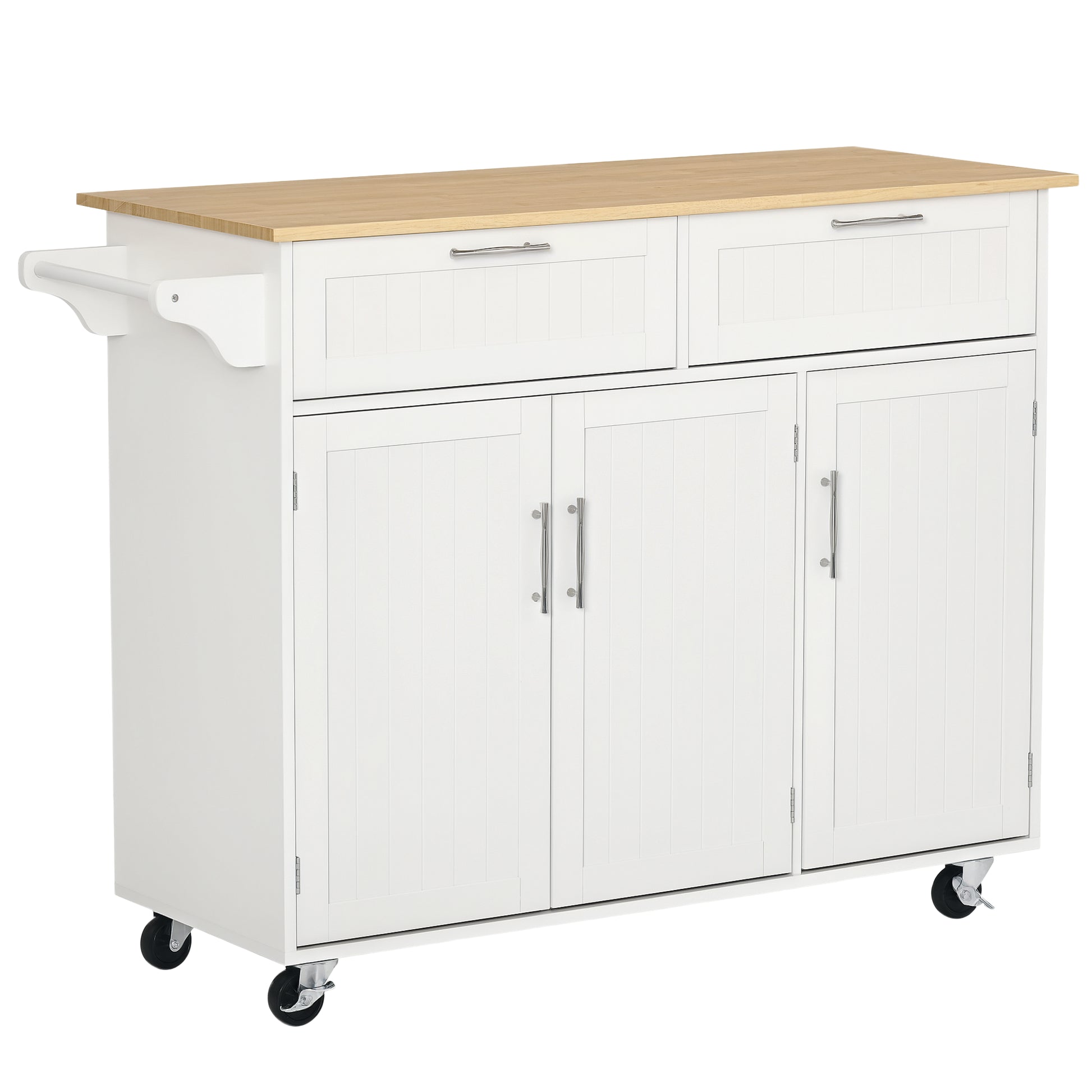 Kitchen Island with Wheels Kitchen Cart Kitchen Sideboard with 2 Drawers 3 Doors and Side Bar for Dining 121x46x91 cm Oak and White