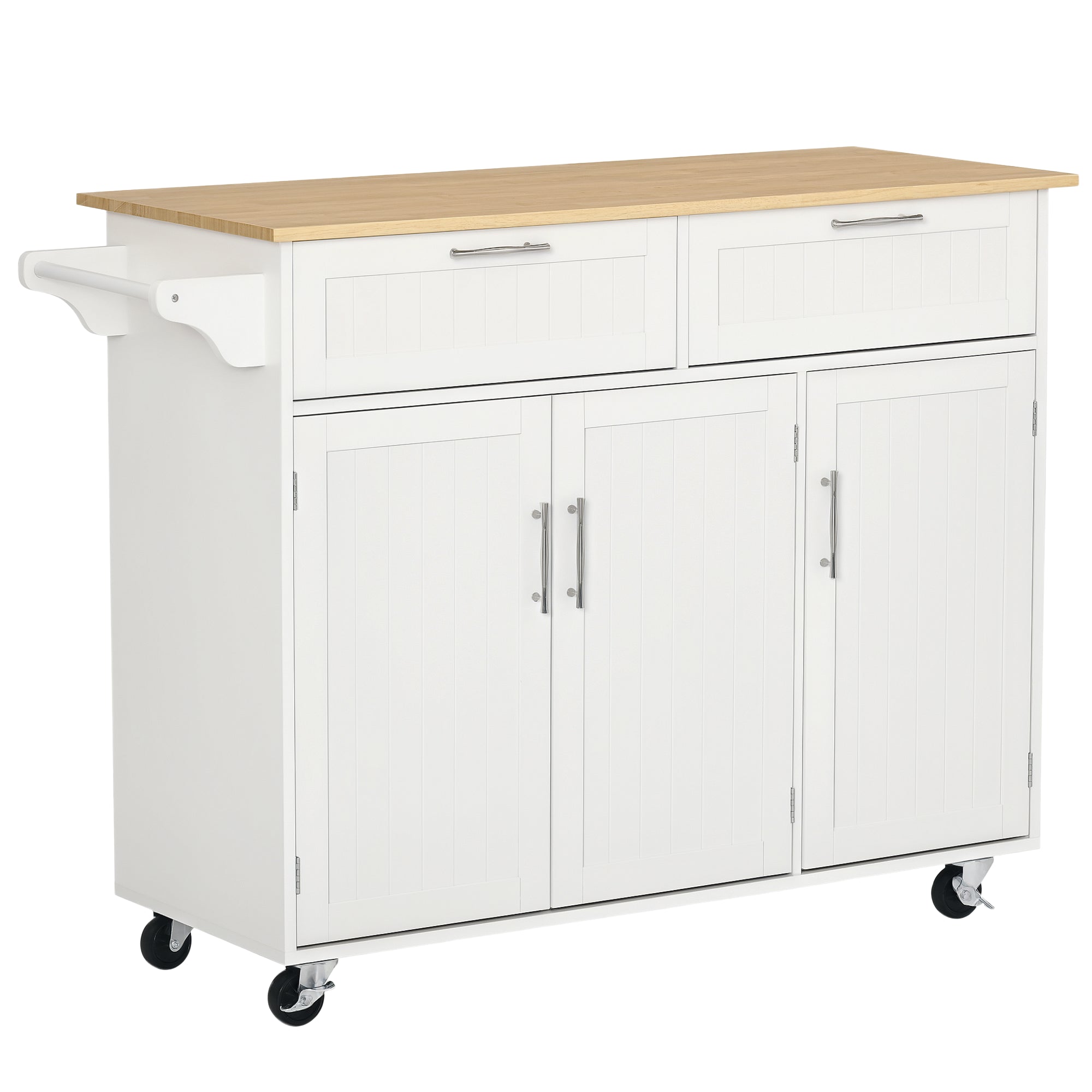 Kitchen Island with Wheels Kitchen Cart Kitchen Sideboard with 2 Drawers 3 Doors and Side Bar for Dining 121x46x91 cm Oak and White