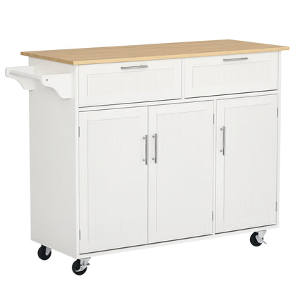 Kitchen Island with Wheels Kitchen Cart Kitchen Sideboard with 2 Drawers 3 Doors and Side Bar for Dining 121x46x91 cm Oak and White
