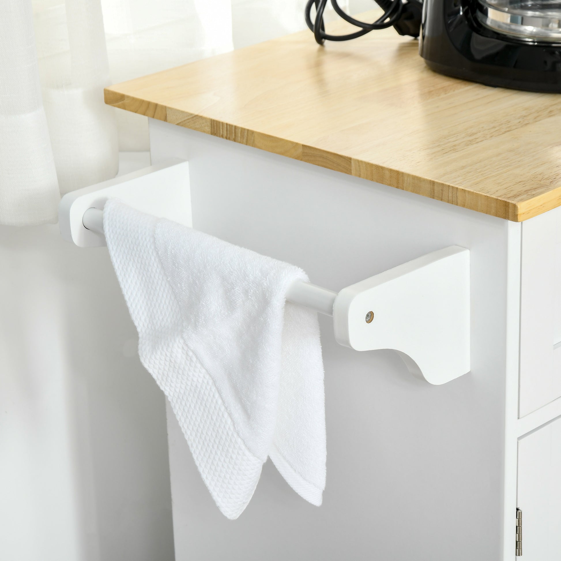 Kitchen Island with Wheels Kitchen Cart Kitchen Sideboard with 2 Drawers 3 Doors and Side Bar for Dining 121x46x91 cm Oak and White