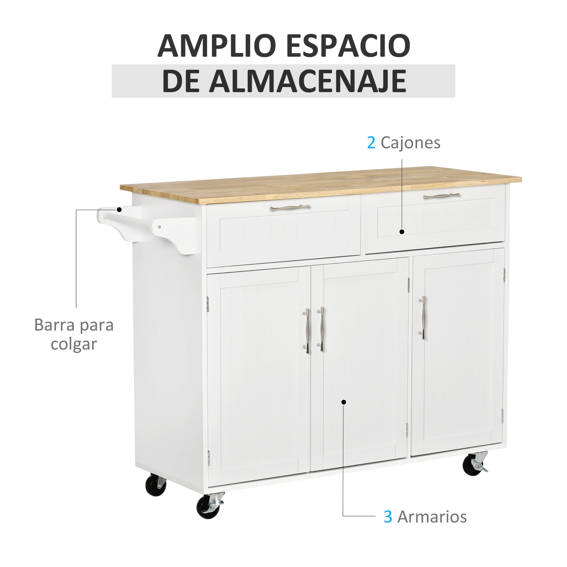 Kitchen Island with Wheels Kitchen Cart Kitchen Sideboard with 2 Drawers 3 Doors and Side Bar for Dining 121x46x91 cm Oak and White