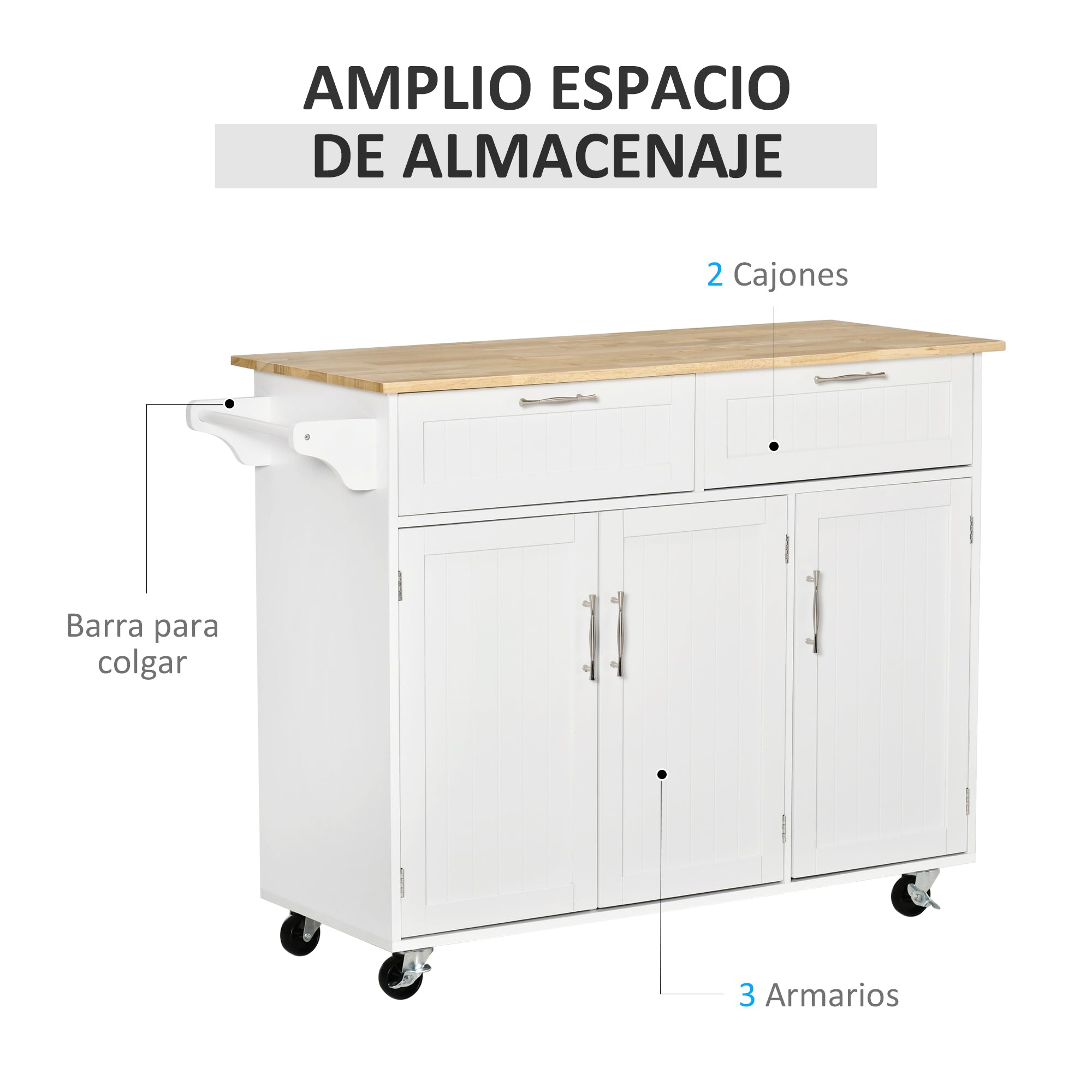 Kitchen Island with Wheels Kitchen Cart Kitchen Sideboard with 2 Drawers 3 Doors and Side Bar for Dining 121x46x91 cm Oak and White