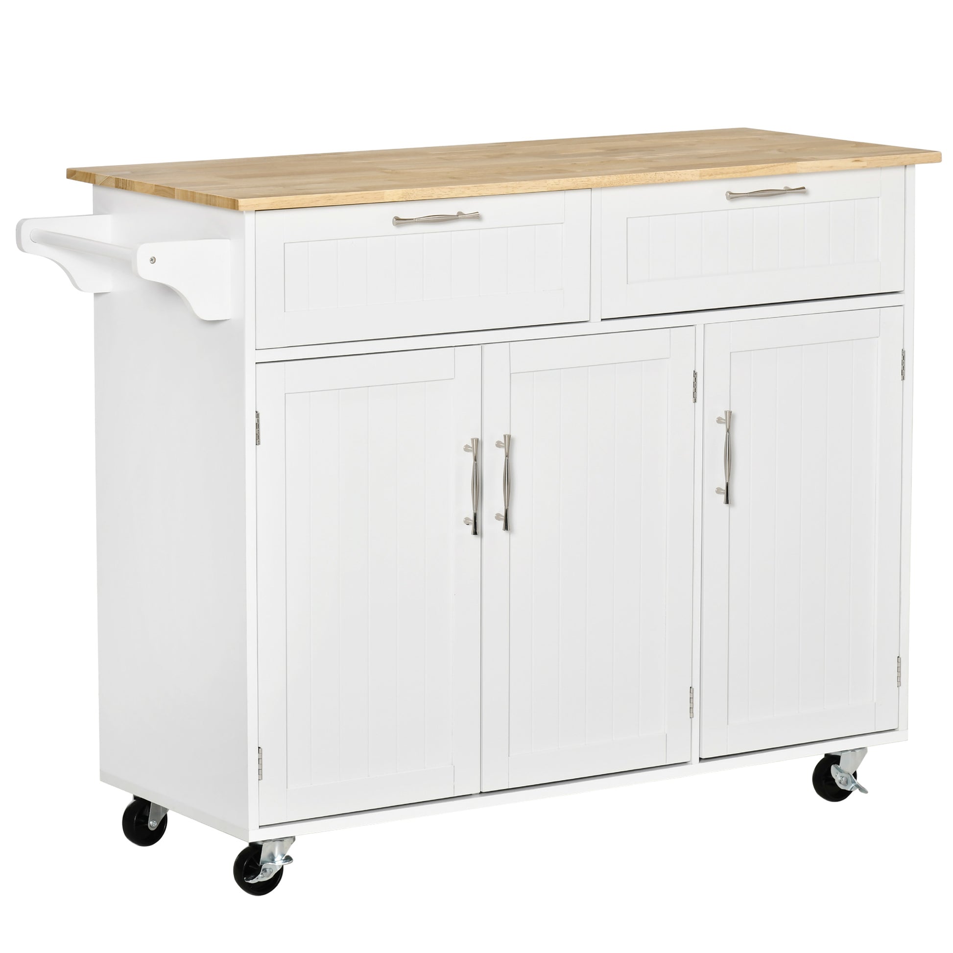 Kitchen Island with Wheels Kitchen Cart Kitchen Sideboard with 2 Drawers 3 Doors and Side Bar for Dining 121x46x91 cm Oak and White
